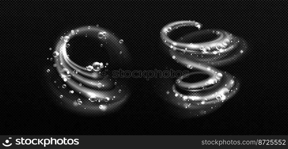Abstract white swirl with bubbles png isolated on transparent background. Clean detergent wave, soap foam, freshness effect. Washing powder or sh&oo ads design element. Realistic vector illustration. Abstract white swirl with bubbles png