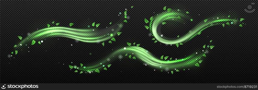 Abstract wind swirls with green leaves and sparkles isolated on transparent background. Vector realistic illustration of air vortex and wave with flying mint leaves. Abstract wind swirl with green leaves and sparkles