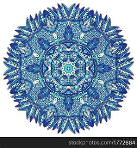 Abstract Winter Blue ethnic geometric mandala decoration. Round ornamental medallion in folk art style. Abstract Winter Blue ethnic geometric arabesque mandala.