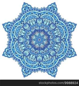 Abstract Winter Blue ethnic geometric mandala decoration. Snowflake in folk art style medallion. Snowflake in folk art style medallion
