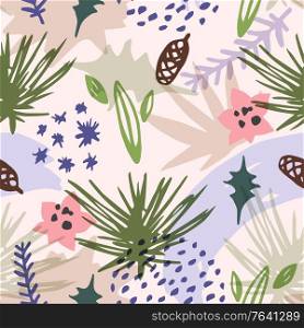 Abstract winter seamless pattern with evergreen plants and fir. Decorative seasonal vector background