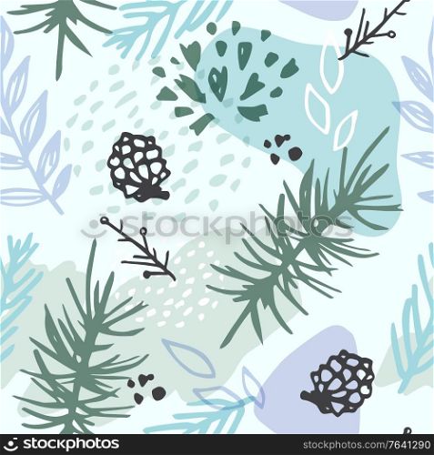 Abstract winter seamless pattern with evergreen plants, pine cone and fir. Decorative seasonal vector background