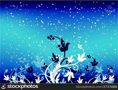 Abstract winterbackground with flakes and flowers in blue color