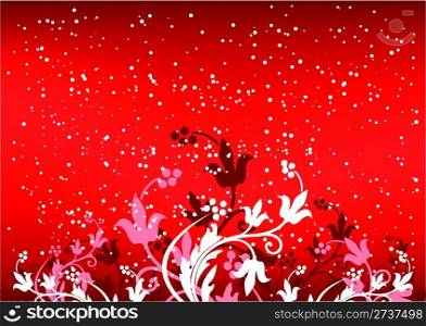 Abstract winterbackground with flakes and flowers in red color
