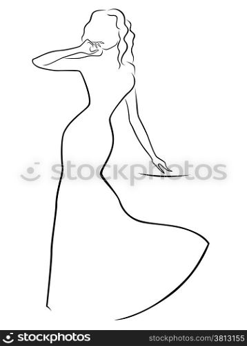 Abstract woman contour in a long dress, hand drawing vector illustration