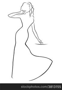 Abstract woman contour in a long dress, hand drawing vector illustration