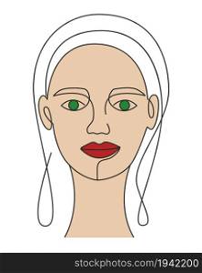 Abstract woman face in minimal style, vector illustration. Sketch of a girl s front, red lips and green eyes. Female image line art.. Abstract woman face in minimal style, vector illustration.