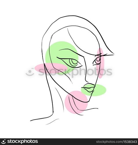 Abstract Woman face one line drawing. Minimalist portrait of a girl in a continuous line with circles.. Abstract Woman face one line drawing.