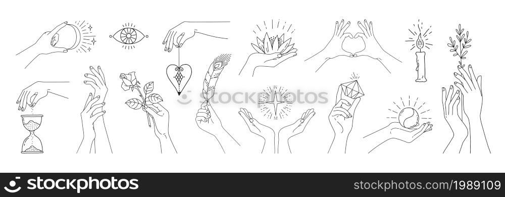 Abstract woman hands. Magic meditation female arm symbols with plants and linear emblems. Girls limbs holding lotus or rose flowers. Mystic occult signs. Outline body parts positions. Vector line set. Abstract woman hands. Magic meditation female arm symbols with plants and linear emblems. Girls limbs holding lotus or rose flowers. Mystic signs. Body parts positions. Vector line set