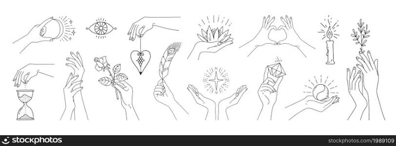 Abstract woman hands. Magic meditation female arm symbols with plants and linear emblems. Girls limbs holding lotus or rose flowers. Mystic occult signs. Outline body parts positions. Vector line set. Abstract woman hands. Magic meditation female arm symbols with plants and linear emblems. Girls limbs holding lotus or rose flowers. Mystic signs. Body parts positions. Vector line set