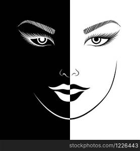 Abstract woman&rsquo;s smiling face split in negative and positive space, black and white conceptual expression, hand drawing illustration