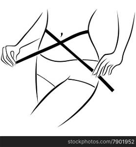 Abstract woman using a tape measure to measure her waist size, hand drawing vector outline