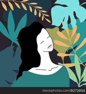 Abstract woman with closed eyes in a forest. Female beauty and nature theme. Young woman on a background of leaves of different colors. Vector art