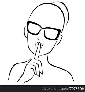 Abstract women in glasses gesticulated with her finger at lips, hand drawn vector outline