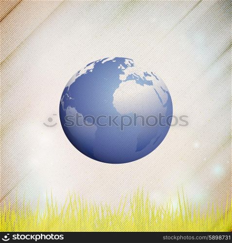 Abstract wooden background of globe with grass, vector illustration.