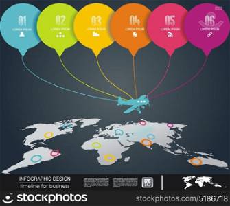 Abstract world map with airplane and color stickers. Vector template for infographics, website, cover, annual reports.