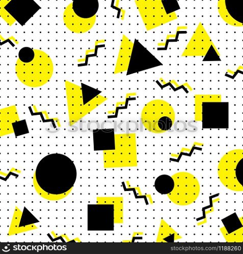 Abstract yellow and black geometric circle, square, triangle pattern on white background memphis style. Vector illustration