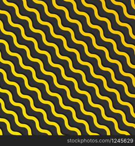 Abstract yellow diagonal wave lines pattern with shadow on black background and texture. Vector illustration