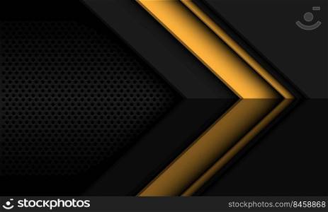 Abstract yellow grey black metallic arrow direction geometric shape with circle mesh pattern blank space design modern futuristic background vector illustration.