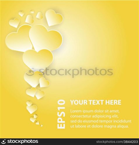 Abstract yellow hearts on bright background template vector illustration with place for text.