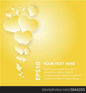 Abstract yellow hearts on bright background template vector illustration with place for text.