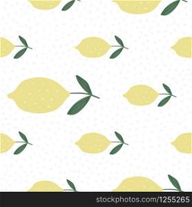 Abstract yellow lemon with leaves seamless pattern. Hand drawn citrus fruits. Design for fabric, textile print, wrapping paper, kitchen textiles. Modern design. Vector illustration. Abstract yellow lemon with leaves seamless pattern. Hand drawn citrus fruits.