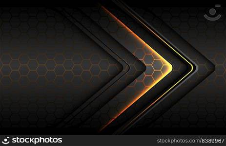 Abstract yellow light black thin arrow direction geometric on silver hexagon mesh pattern design modern luxury futuristic technology background vector illustration.