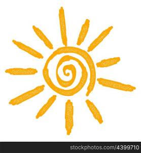Abstract yellow sun sign on a white background. The symbol of the summer sun and relax &#xA;with a texture. Vintage style. Stock vector illustration