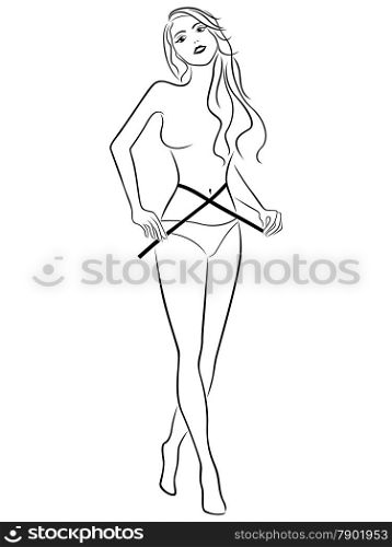 Abstract young beautiful woman using a tape measure to measure her waist size, hand drawing vector outline