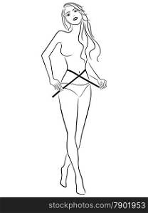 Abstract young beautiful woman using a tape measure to measure her waist size, hand drawing vector outline