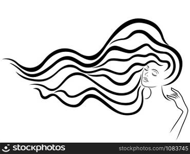 Abstract young beautiful woman with long luxury hair in flow and closed eyes, hand drawing illustration outline