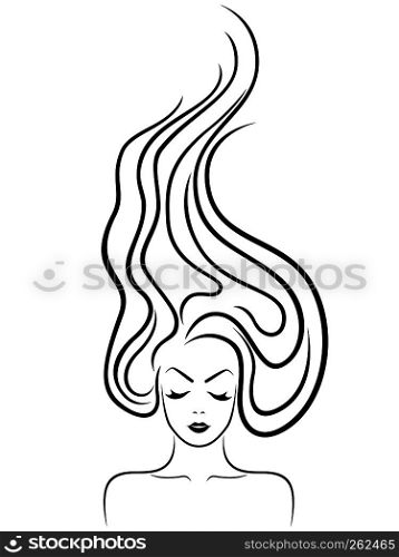 Abstract young beautiful woman with long luxury wavy hair in flow and closed eyes, hand drawing vector outline