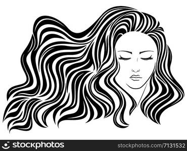 Abstract young beautiful woman with long luxury wavy hair in flow and happy face, hand drawing vector outline