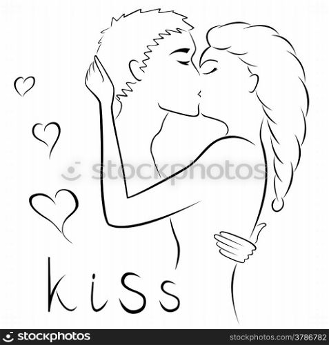 Abstract young couple kissing contour, black over white hand drawing vector artwork
