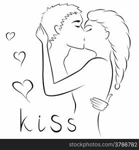 Abstract young couple kissing contour, black over white hand drawing vector artwork