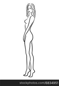 Abstract young graceful women standing and looking half-turn, hand drawing vector outline