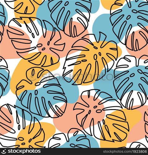 Abstraction from black outlines of palm leaves and hand-drawn spots of beige, blue and orange pastel colors on a white background. Seamless summer vector pattern. Design element for fabric, wrapper.. black outlines of palm leaves and hand-drawn spots