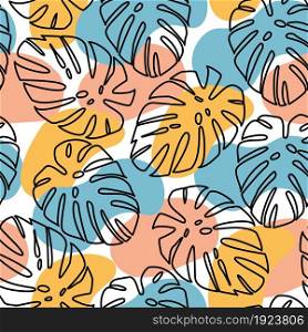 Abstraction from black outlines of palm leaves and hand-drawn spots of beige, blue and orange pastel colors on a white background. Seamless summer vector pattern. Design element for fabric, wrapper.. black outlines of palm leaves and hand-drawn spots