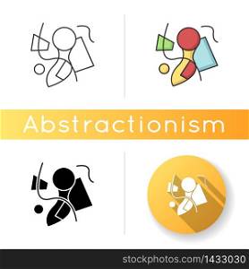 Abstractionism icon. Cultural movement. Various shapes abstract composition. Creative minimal painting. Linear black and RGB color styles. Isolated vector illustrations. Abstractionism icon