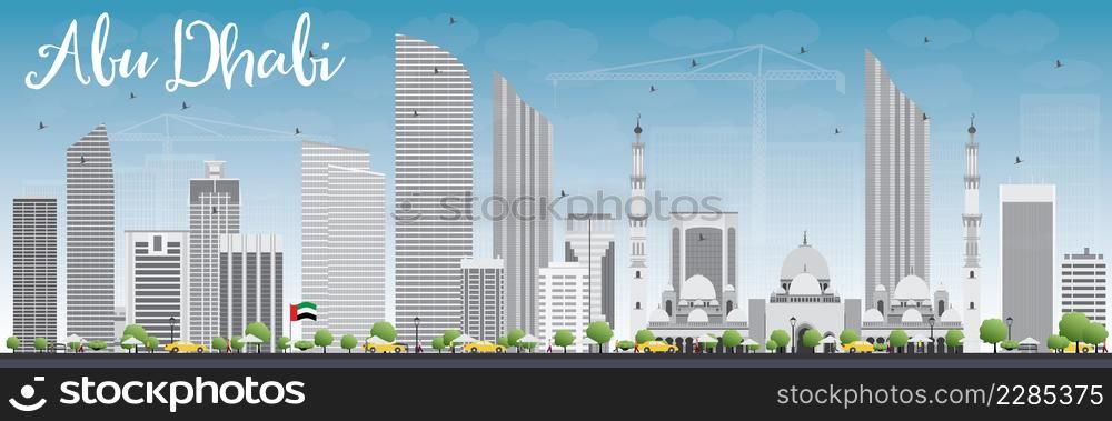 Abu Dhabi City Skyline with Gray Buildings and Blue Sky. Vector Illustration. Business Travel and Tourism Conceptwith Modern Buildings.Image for Presentation, Banner, Placard and Web Site.