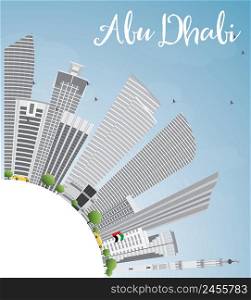Abu Dhabi City Skyline with Gray Buildings and Copy Space. Vector Illustration. Business Travel and Tourism Concept with Modern Buildings. Image for Presentation Banner Placard and Web Site.