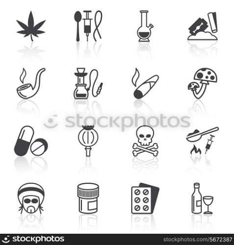 Abuse addictive poison death drugs antidepressant icons black set isolated vector illustration
