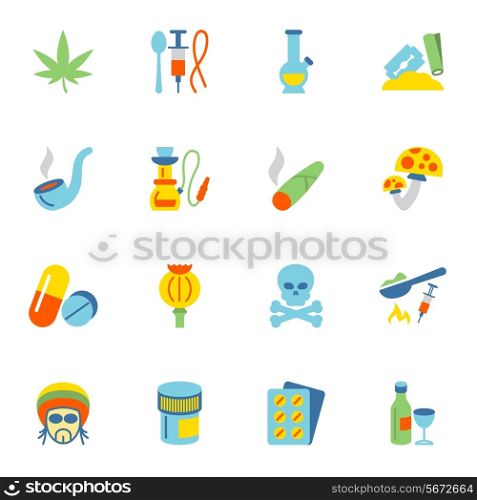 Abuse addictive poison drugs icons flat set isolated vector illustration.
