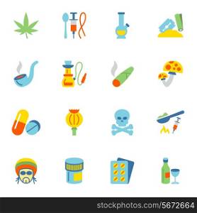Abuse addictive poison drugs icons flat set isolated vector illustration.