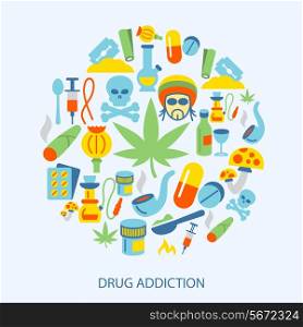 Abuse addictive poison mushroom drugs decorative icons flat set vector illustration