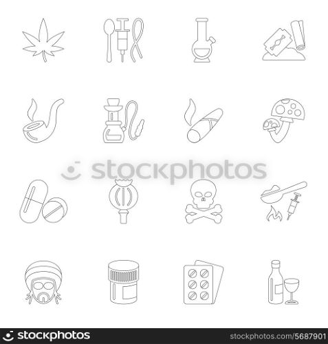 Abuse addictive poison mushroom drugs icons outline set isolated vector illustration