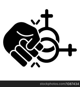 Abuse of females glyph icon. Corrective rape. Punishment for orientation. Sexual harassment of woman. Hate crime against lesbians. Silhouette symbol. Negative space. Vector isolated illustration