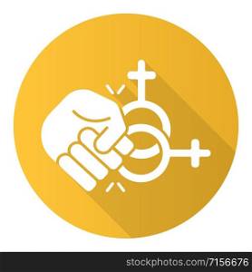 Abuse of females yellow flat design long shadow glyph icon. Corrective rape. Punishment for gender identity. Sexual harassment of woman. Hate crime against lgbt. Vector silhouette illustration
