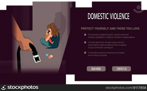Abused scared woman with disheveled hair and in torn shirt sitting crouched on the floor, holding a child in protective hug, toy blocks scattered. A hand of approaching man is seen, clenching a belt. Domestic violence concept, abuse in family webpage