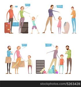 Abusing Children Situations Set. Adults abuse children conceptual compositions set with parents and kids characters having quarrel with speech bubbles vector illustration